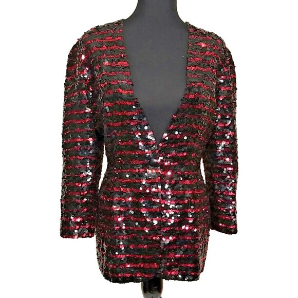 Vintage Sequin Silk Jacket By Black Tie Red Black sequined Size 6 Blazer T27 - Picture 5 of 12